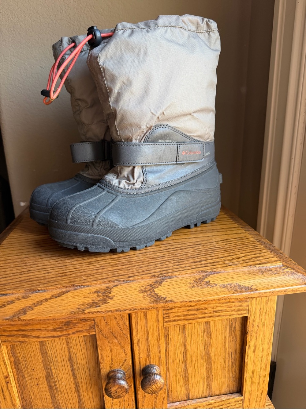Columbia Kids Waterproof Winter Boots in Gray and Taupe with Coral Accents